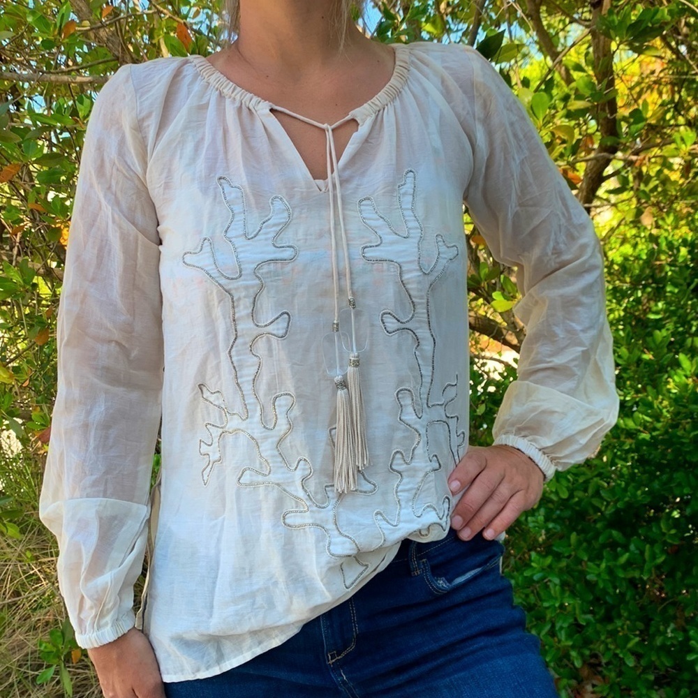 TASHIA London Boho tassels beaded coral Top Size Small Summer cream vacation
